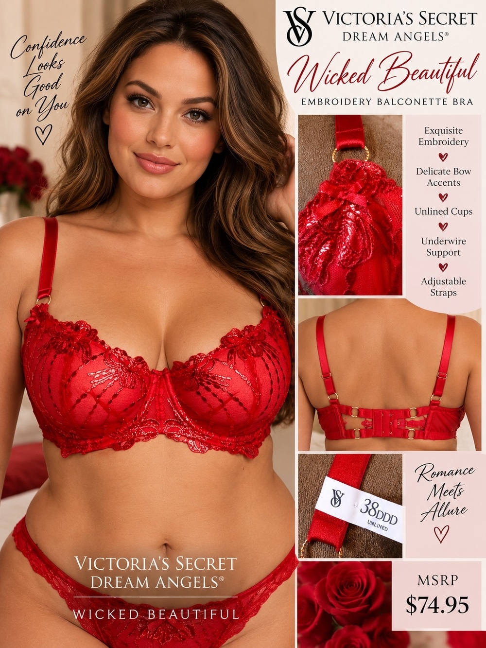 A111. VS Dream Angels Wicked Beautiful Embroidery Unlined Balconette Bra 38DDD